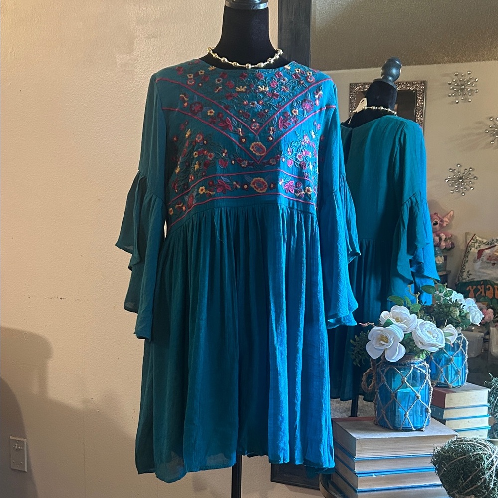 Teal Embroidered Umgee Boho Tunic Dress - Women's Teal Dress